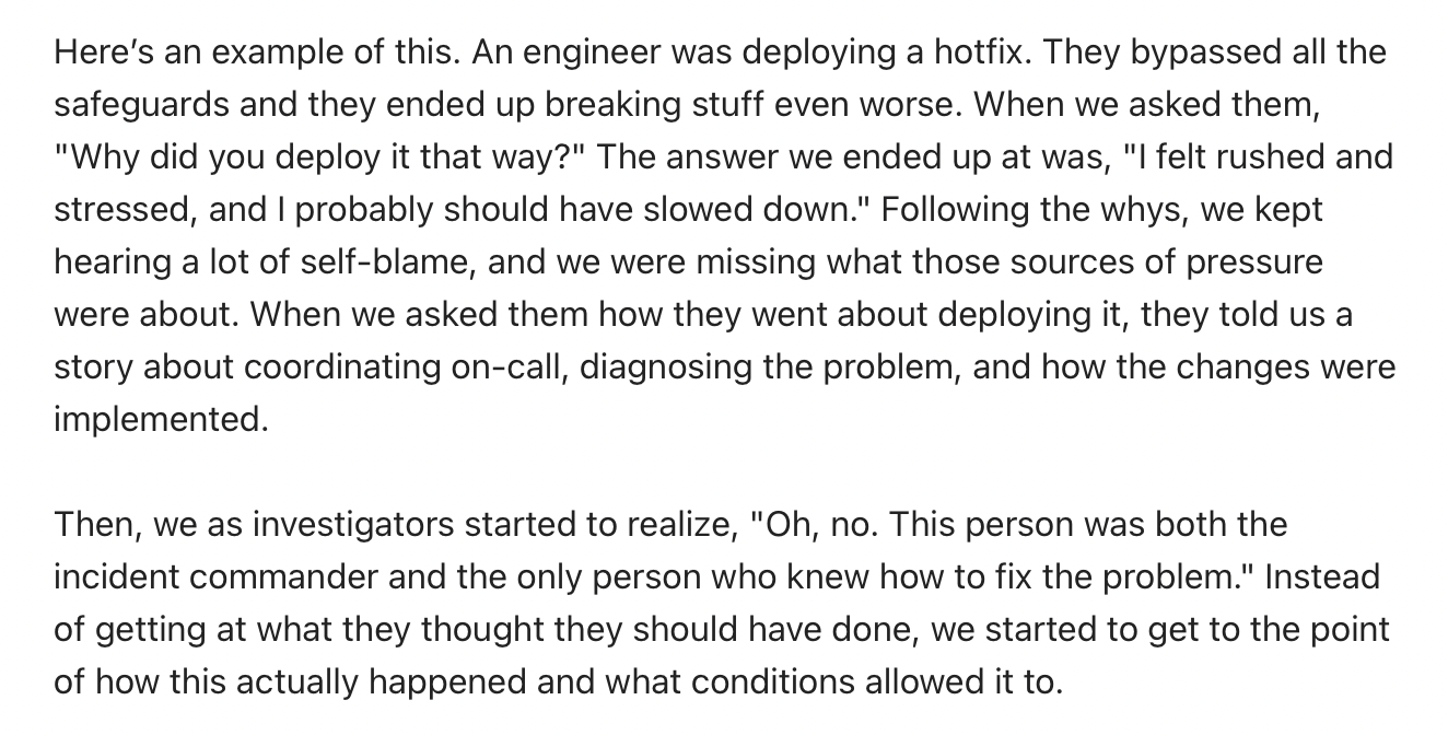 Text discussing rushed hotfix deployment and incident investigation