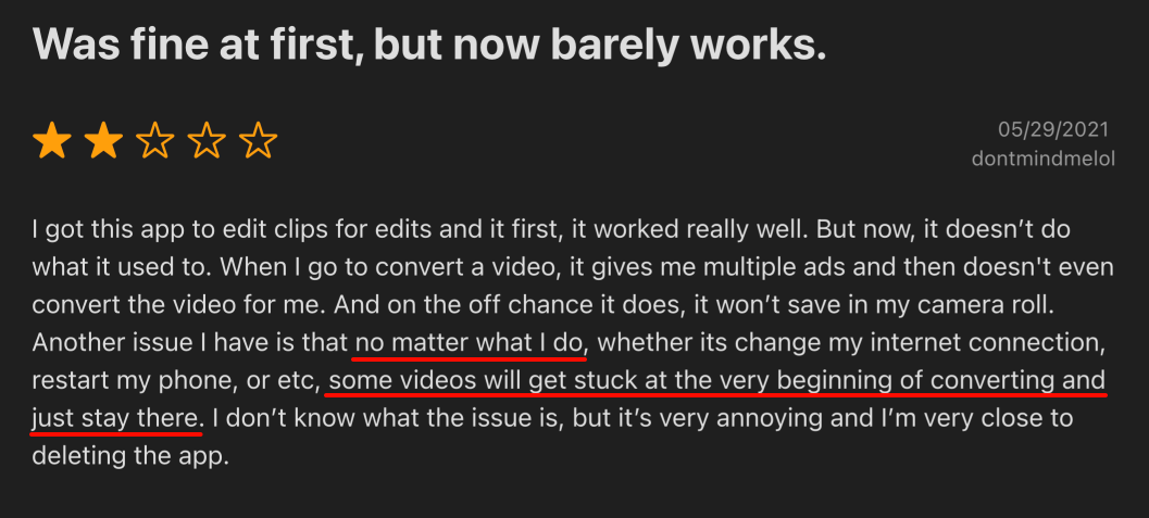One-star app review describing video conversion and saving issues on App Store