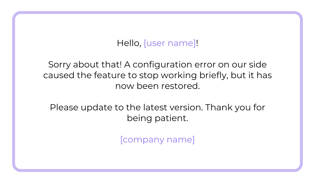 Customer support message explaining issue was fixed and asking users to update to the latest app version