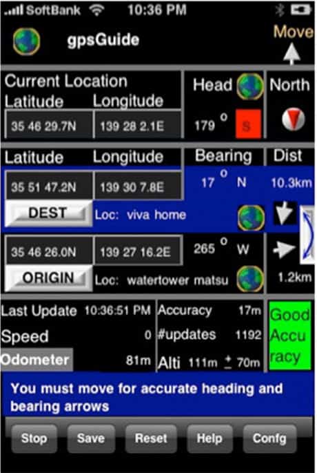 Screenshot of GPS navigation app interface with coordinates and accuracy