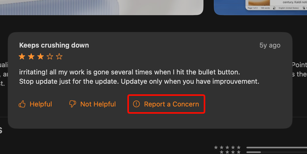 App Store interface showing report a concern option for flagging inappropriate user reviews