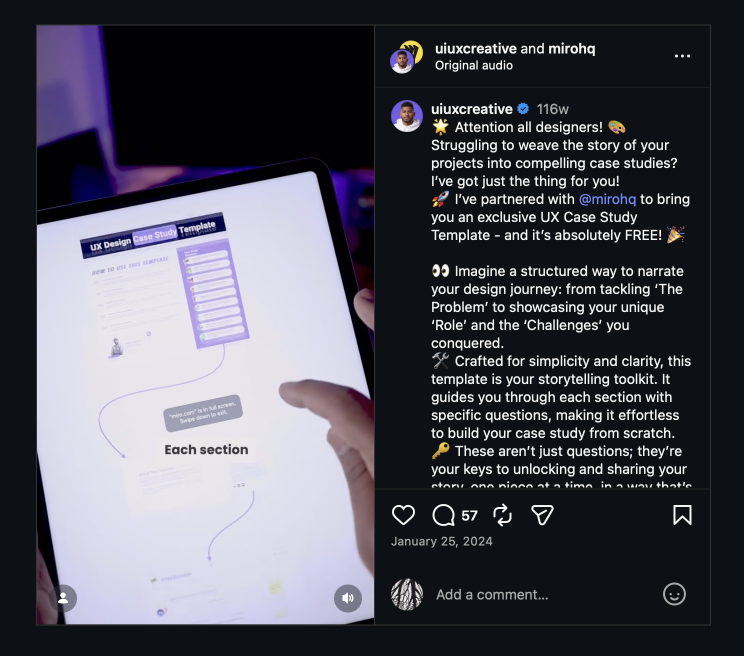 Instagram post showing UX case study template for presenting design process and storytelling
