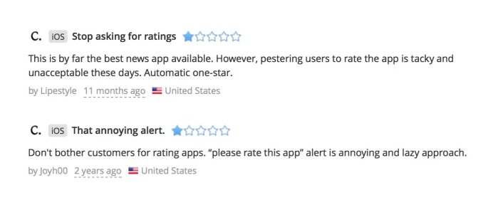 Example of negative user feedback caused by aggressive rating requests in mobile apps