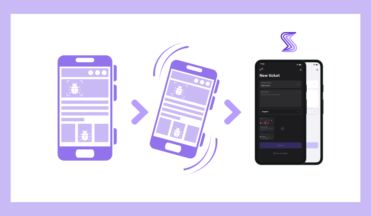 App bug reporting process from detection to submitting a support ticket illustration
