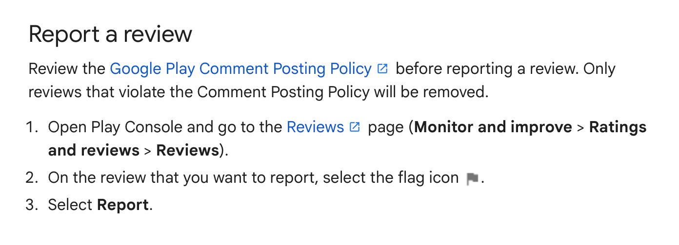 Google Play interface showing steps to report and flag inappropriate user reviews