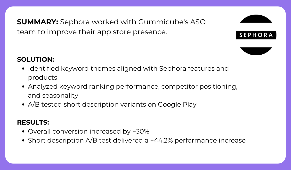 Sephora app store optimization case study showing strategy actions and results including increased conversion