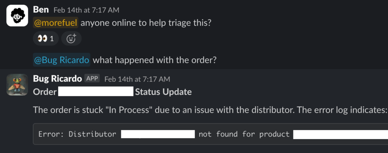 AI bug triage assistant responding to software issue in Slack conversation