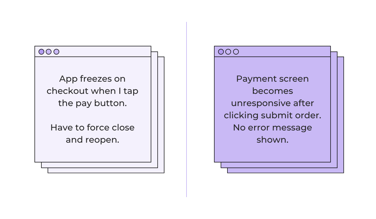 Example duplicate bug reports describing the same checkout payment issue differently