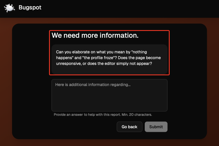 Bug report clarification request form