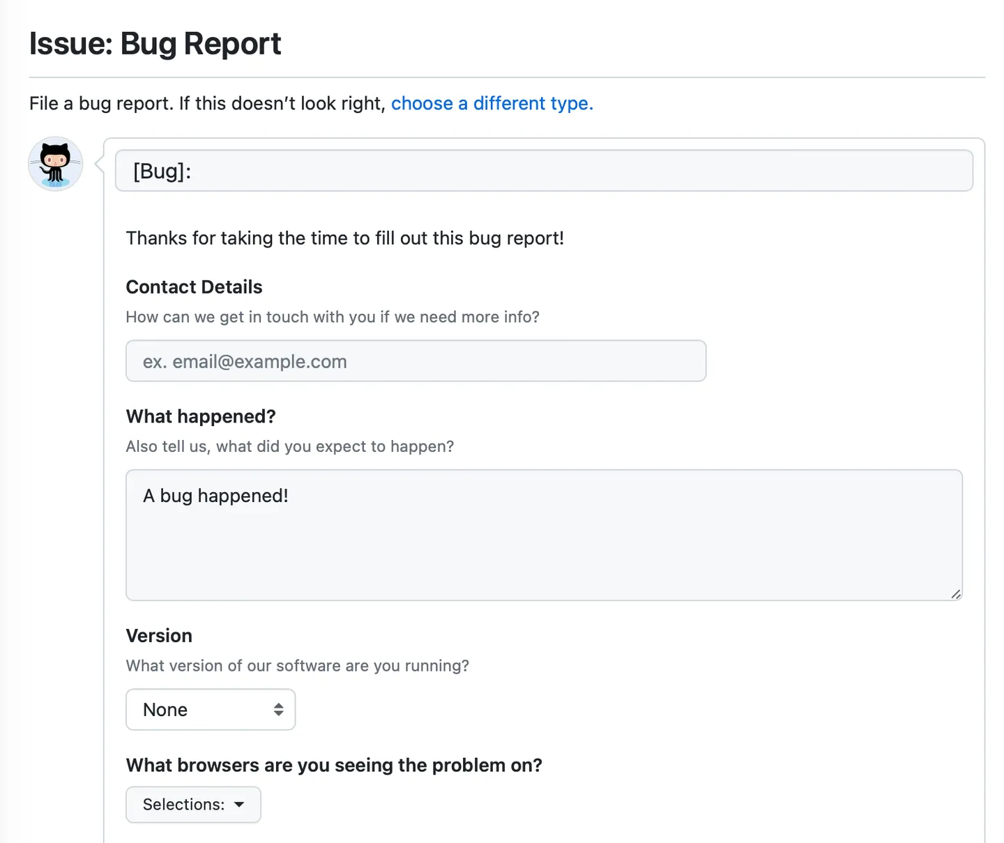 GitHub bug report form example with fields for contact details, issue description, software version, and affected browsers