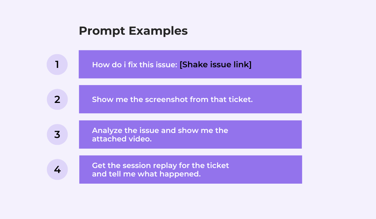 List of example AI prompts for bug triage and debugging, including fixing issues from ticket links, reviewing screenshots, analyzing attached videos, and examining session replays