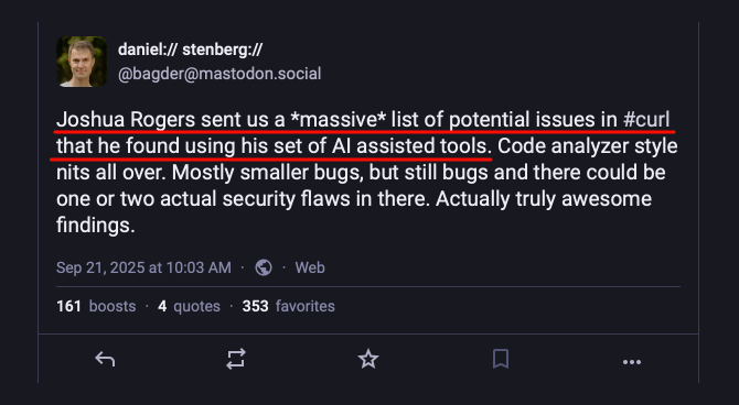 Social media post describing how AI-assisted tools identified a large number of potential issues in the cURL project